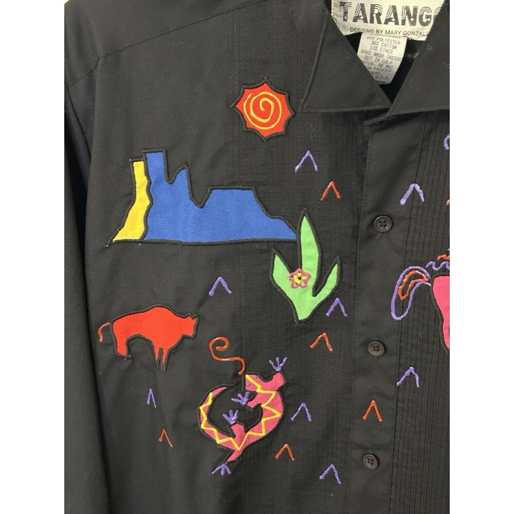 1980s Tarango Appliqué Black Shirt Southwestern Cactus Animals Button Up Sz M - Picture 3 of 16